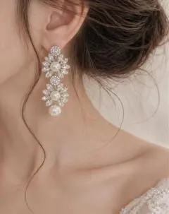 【B1】結婚式 お呼ばれ パール ビジュー 大ぶりピアス 上品 ブライダル