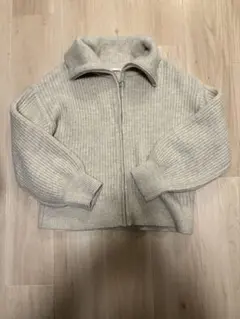 GU グレー リブ編み ジップアップカーディガン