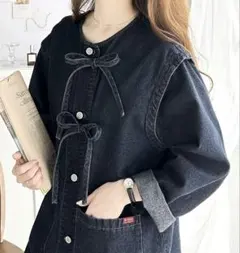 JaVa ドッキング風リボンデニムジャケット インディゴブルー Mサイズ