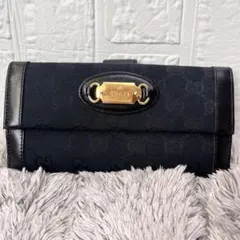 極美品✨GUCCI GGキャンバス ブラック　ゴールドプレート　レザー　長財布