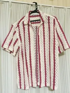 ZARA 赤×白 ストライプ クロシェニット半袖シャツ