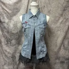 y2k 00s DIESEL 落書き風プリント　デニムシャツ　ベスト　タイト