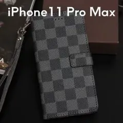 iPhone11ProMax　手帳型ケース　チェック柄　ブラック