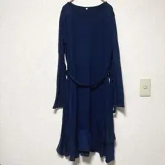 【XL】ワンピース 長袖 ネイビー フリル裾 無地 ウエストマーク 古着