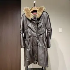レディース ダークブラウン レザーコート ファー付き