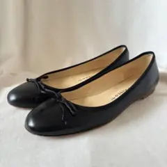 未使用級★FABIO RUSCONI リボン付レザーフラットパンプス　黒37