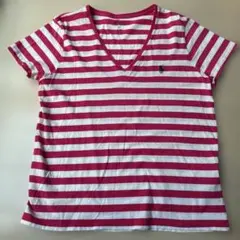 Polo Ralph Lauren VネックTシャツ XL ピンク白ストライプ