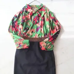 a アート柄 シャツ ブラウス 迷彩 サイケデリック ボウタイ 昭和レトロ 緑