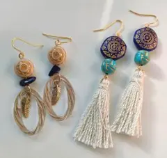 ［SS32］天然石ラピスラズリさざれ石とロングタッセルのピアスセット