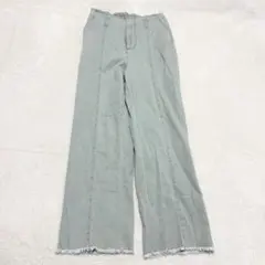 yt091 良品✨ストレートデニムパンツ グリーン フリンジ 切りっぱなし