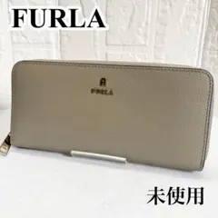 フルラ カメリア　ラウンドファスナー 長財布 グレー レザー ゴールドロゴ
