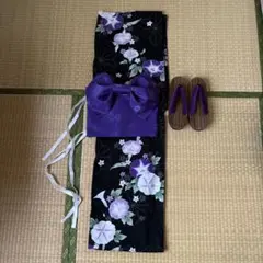 黒に紫の朝顔浴衣・作り帯・下駄セット