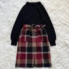 ブルーレーベルクレストブリッジ ベルト付ニットドッキングワンピース M チェック