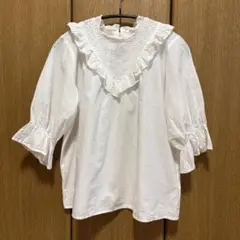 【美品】刺繍フリルブラウス ホワイト 白 Lサイズ Mサイズ 五分袖〜六分袖