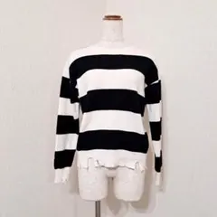 フォーエバー21　長袖　ダメージニット　ボーダー　白黒　オシャレ　秋冬【S】