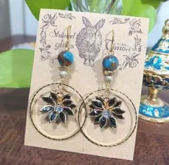 砂漠の黒花✾エスニックピアス 青い天然石 ジャスパー系 No.1459