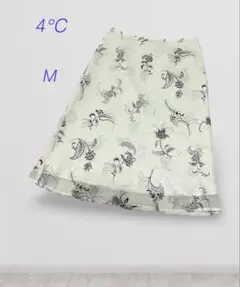 4℃ ひざ丈シフォンフレアスカート 花柄 ホワイトベージュ系 M