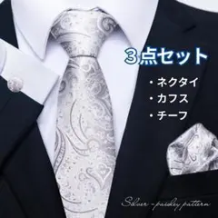 ネクタイ　シルバー　ペイズリー柄　3点セット　フォーマル　結婚式　二次会　入学式