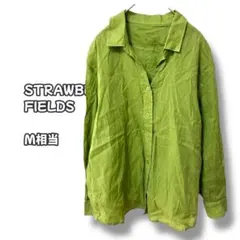 N0600　リネン混長袖シャツブラウス　薄手　グリーン　サイズ２　Ｍサイズ