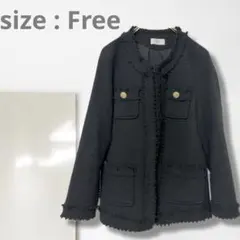 n【一点物】ノーカラージャケット/ミドル丈 体型カバー きれいめ ツイード 黒