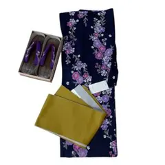 【新品未使用品】ネイビー花柄浴衣・帯・下駄3点セット