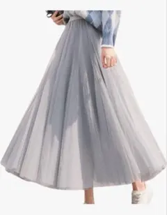 ロングスカート グレー プリーツ チュール フレア