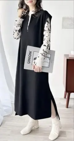 カフタン調サイドスリット圧縮ニットロング 丈ワンピース