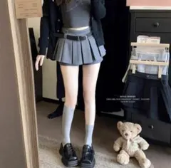 ベルト付プリーツスカート L ショーパン グレー 秋冬 インナーパンツ