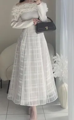 チェック柄シアーフレアスカート[tu1082] L アイボリー