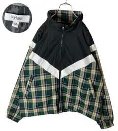 グッドデザイン古着グリーンチェック×ブラック切り替えブルゾン ビッグサイズのサムネイル