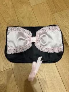リボン付き ロールポーチ ブラック×ピンク