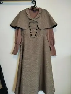 ケープ付きダブル釦ジャンパースカート&ピンクニット　BEIGE×BR