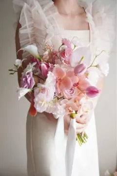 ヘアパーツ付き 造花 ウェディング ブーケ ブートニア セット ピンク&ホワイト