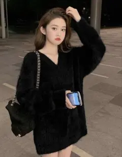 Vネックニット セーター　ブラック y2k シャギー