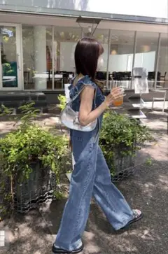 GRL ショルダーフリルバックリボンデニムオールインワン
