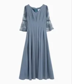 美品　GIRL レース素材フレアスリーブXライン結婚式ワンピースドレス　ブルー