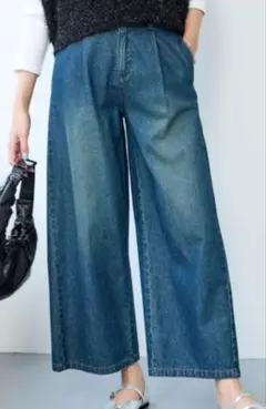 綿１００％ アンクル丈 デニムワイドパンツ（ゆったりヒップ）LLサイズ 未使用品のサムネイル