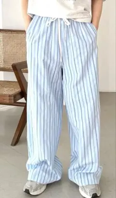 PILIT 裏地付き　イージーパンツ 水色 ストライプ