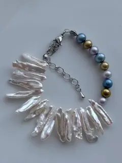 淡水パール　虹色　ケシパール　マルチカラー　セミラウンド　ブレスレット