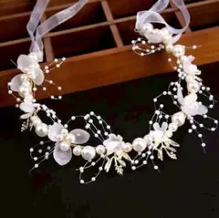 ヘッドドレス ブレスレット 2点 パール フラワー ゴールド ワイヤー リボン