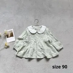 女の子 ブラウス 長袖 秋 90 チェック グリーン パステル 襟 ベビー 刺繍