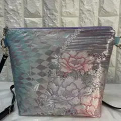 帯リメイクバッグ ショルダー『金駒刺繍』ラメ糸花植物文様 光沢 涼やか