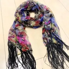 シルクシフォンストール 花火　金箔調 透け感 フリンジ マルチカラー