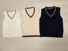 アイボリー ケーブルニット Vネックスクールベスト