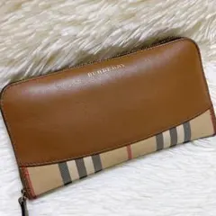 バーバリー　長財布　ラウンドジップ　キャンバス　レザー　ノバチェック ブラウン