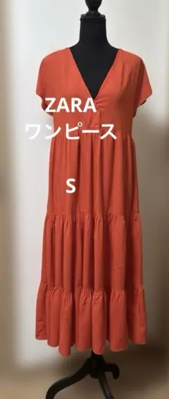 ZARAオレンジ フレンチスリーブギャザーシャツワンピース S