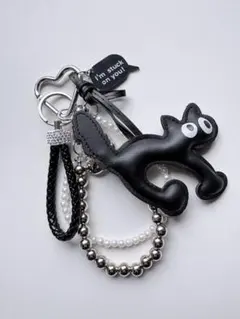 B5 じゃらじゃらキーホルダー　バッグチャーム　黒猫　シルバー　キラキラ