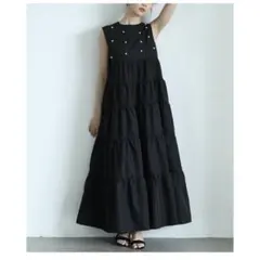 パールデザインノースリーブティアードワンピース/ブラック 黒