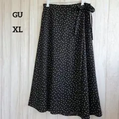 (大きいサイズ) XL 黒と白の水玉模様 ドット柄 フレアスカート リボン