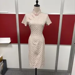 チェック柄 チャイナドレス 半袖 膝丈 ベージュ系M-L